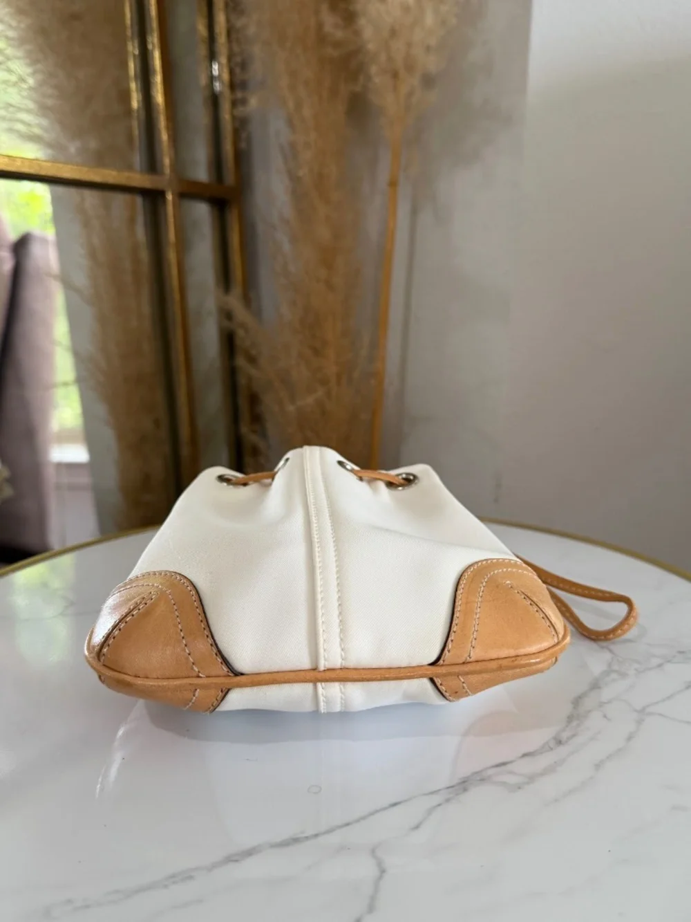 Coach Vintage Y2K Ivory British Tan Mini Drawstring Pouch Wristlet Bag 8669 Rare